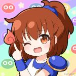  1girl ;d arle_nadja blue_shirt brown_eyes brown_hair collarbone commentary_request fire hand_up index_finger_raised looking_at_viewer madou_monogatari mitya one_eye_closed ponytail puyopuyo shirt smile solo twitter_username 