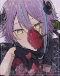  1boy black_gloves black_shirt blue_hair covered_mouth demon_boy demon_horns ebimayo04060 flower flower_over_mouth gloves grey_background highres horns kamishiro_rui light_blue_hair male_focus neck_ribbon petals project_sekai purple_hair red_flower red_ribbon red_rose ribbon rose rose_petals shirt short_hair solo yellow_eyes 