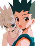  2boys black_hair blue_eyes brown_eyes collarbone gon_freecss green_shirt highres hunter_x_hunter killua_zoldyck looking_at_viewer male_child male_focus multiple_boys shirt short_hair simple_background sleeveless spiky_hair thicopoyo upper_body white_background white_hair white_shirt 