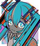  1girl abstract aqua_eyes aqua_hair bare_shoulders border check_commentary closed_mouth collared_shirt commentary commentary_request fake_transparency greek_commentary grey_shirt hair_between_eyes hair_ornament halftone hatsune_miku highres long_hair looking_at_viewer machigami_yoh necktie outside_border pixelated portrait shirt sleeveless sleeveless_shirt solo twintails vocaloid white_border 