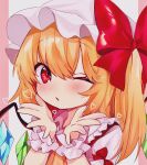  1girl :/ ascot blonde_hair bow commentary_request crystal flandre_scarlet frilled_shirt_collar frills hair_between_eyes hair_bow hands_up hat heart highres long_hair looking_at_viewer mob_cap moni_monico one_eye_closed one_side_up parted_lips pink_background portrait red_bow red_eyes red_vest short_hair simple_background solo touhou upper_body vest wings wrist_cuffs yellow_ascot 