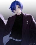  1boy absurdres belt black_shirt blue_eyes blue_hair coat commentary_request cowboy_shot gradient_background highres kaito_(vocaloid) lapel_pin lapels looking_at_viewer male_focus notched_lapels parang_99 shirt short_hair smile solo teeth turtleneck twitter_username vocaloid white_belt 
