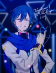  1boy blue_eyes blue_hair blue_nails blue_scarf blurry blurry_background commentary_request hair_between_eyes hand_on_own_hip headset heart high_collar kaito_(vocaloid) long_sleeves looking_at_viewer parang_99 pinky_out scarf short_hair smile solo teeth upper_body vocaloid 