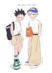  2boys alternate_costume backpack bag black_hair english_text full_body gon_freecss hands_in_pockets hat highres holding holding_bag hunter_x_hunter killua_zoldyck looking_at_viewer male_child male_focus multiple_boys paper_bag shirt short_hair shorts simple_background spiky_hair su_meshi8 white_background white_hair white_shirt 