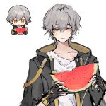  1boy black_coat black_gloves blush_stickers caelus_(honkai:_star_rail) closed_mouth coat collarbone eating fingerless_gloves food gloves grey_hair hair_between_eyes hands_up highres holding holding_food honkai:_star_rail honkai:_star_rail_sticker_redraw_(meme) honkai_(series) hood hooded_coat long_sleeves looking_at_viewer male_focus meme open_clothes open_coat shirt short_hair simple_background smile solo t-shirt trailblazer_(honkai:_star_rail) upper_body watermark white_background white_shirt yellow_eyes 