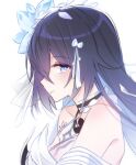  1girl 6_(yuchae) bare_shoulders blue_hair chest_tattoo choker closed_mouth colored_inner_hair flower honkai_(series) honkai_impact_3rd korean_commentary looking_at_viewer multicolored_hair seele_vollerei seele_vollerei_(herrscher_of_rebirth) simple_background smile solo tattoo upper_body white_background white_flower 