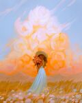  1girl artist_name brown_hair closed_eyes clouds commentary dress english_commentary flower hat highres maxine_vee orange_flower original smile sofia_(maxine_vee) solo white_dress 