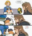  1boy 1girl blonde_hair blue_eyes brown_hair chinese_commentary chinese_text commentary_request dog earrings hair_ornament hairclip highres jewelry link long_hair petting pointy_ears princess_zelda short_hair shuo_yue smile the_legend_of_zelda the_legend_of_zelda:_tears_of_the_kingdom 