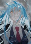  1girl absurdres angela_(project_moon) black_jacket blue_hair bright_pupils clouds cloudy_sky coat collared_shirt hamelon310 highres jacket lab_coat lobotomy_corporation long_hair long_sleeves looking_at_viewer necktie parted_lips project_moon rain red_necktie shirt sky solo upper_body very_long_hair white_coat white_pupils white_shirt yellow_eyes 