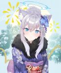  1girl absurdres animal_ears artist_name blue_archive blue_eyes closed_mouth cosplay cross_hair_ornament crossed_bangs diamond-shaped_pupils diamond_(shape) fur-trimmed_kimono fur_trim goyain grey_hair hair_between_eyes hair_bun hair_ornament halo haruna_(blue_archive) haruna_(blue_archive)_(cosplay) head_tilt highres japanese_clothes kanzashi kimono light_frown mismatched_pupils obi obiage obijime purple_kimono sash shiroko_(blue_archive) sidelocks signature solo symbol-shaped_pupils upper_body wolf_ears wolf_girl 