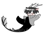  1boy animal_ears black_eyes black_hair blush chibi commentary_request dragon_boy dragon_horns dragon_tail ex_rank_supporting_role&#039;s_replay_in_a_prestigious_school full_body grey_horns grey_sweater horns jo_uisin kemonomimi_mode korean_commentary long_sleeves male_focus mynahan_rim open_mouth short_hair simple_background solid_circle_eyes solo sweater tail white_background 