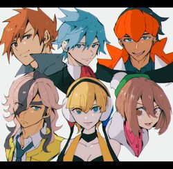  2girls 4boys arven_(pokemon) black_hair black_hoodie blonde_hair blue_eyes blue_hair blue_oak blunt_bangs brown_eyes brown_hair cardigan dark-skinned_male dark_skin earrings elesa_(pokemon) gloria_(pokemon) green_headwear grey_cardigan hair_over_one_eye hat headphones highres hood hoodie jewelry light_brown_hair long_hair multicolored_hair multiple_boys multiple_girls necktie open_clothes open_mouth open_vest pokemon pokemon_(game) pokemon_bw pokemon_frlg pokemon_oras pokemon_sv pokemon_swsh purple_necktie raihan_(pokemon) roji_(rozio) school_uniform shirt short_hair steven_stone tam_o&#039;_shanter uva_academy_school_uniform vest yellow_vest 