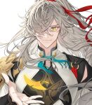  1boy absurdres armor black_shirt blush bp_st_7 closed_mouth eyes_visible_through_hair grey_hair hair_between_eyes hair_over_one_eye hair_ribbon hand_up highres honkai:_star_rail honkai_(series) jing_yuan long_hair long_sleeves looking_at_viewer male_focus mandarin_collar mole mole_under_eye open_clothes open_vest ponytail red_ribbon ribbon shirt shoulder_armor simple_background smile solo tassel upper_body vest white_background white_vest yellow_eyes 