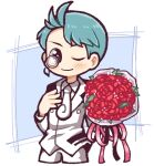  ;) black_eyes blue_hair bouquet closed_mouth collared_shirt commentary_request cropped_legs employee_(lobotomy_corporation) flower hand_on_own_chest hatake_shimeji holding holding_bouquet jacket lobotomy_corporation long_sleeves lowres male_focus monocle necktie one_eye_closed pants project_moon red_flower shirt short_hair smile white_jacket white_necktie white_pants white_shirt 