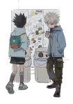  2boys 4sssst absurdres alternate_costume backpack bag baggy_pants black_hair cup disposable_cup drinking_straw full_body gon_freecss highres holding holding_cup hunter_x_hunter jacket killua_zoldyck long_sleeves looking_at_viewer male_child male_focus multiple_boys pants short_hair shorts simple_background spiky_hair sticker trash_can white_background white_hair white_jacket 