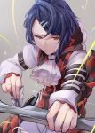  1boy alcryst_(fire_emblem) armor arrow_(projectile) ascot blue_hair bow_(weapon) closed_mouth fire_emblem fire_emblem_engage hair_ornament hairclip highres holding holding_bow_(weapon) holding_weapon looking_at_viewer red_eyes sakura_no_yoru short_hair solo weapon white_ascot 
