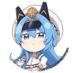  1girl armband belt blue_eyes blue_hair bow braid chibi closed_mouth epaulettes goddess_of_victory:_nikke hair_between_eyes hand_on_own_hip hat helm_(nikke) jacket light_frown long_hair long_sleeves looking_at_viewer lowres military_uniform official_art round_image solo totatokeke uniform very_long_hair white_belt white_headwear white_jacket 
