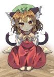  1girl :o absurdres animal_ear_fluff animal_ears barefoot bloom brown_eyes brown_hair cat_ears cat_tail chen earrings fang flat_chest from_above hands_up hat head_tilt highres jewelry kneeling long_sleeves medium_hair mob_cap multiple_tails nekomata open_mouth paw_pose petite red_skirt red_vest seika_okawari simple_background single_earring sitting skirt skirt_set solo tail toes touhou two_tails vest wariza white_background wooden_floor 