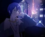  1boy blue_eyes blue_hair building clenched_hand commentary_request earphones highres jacket jewelry kaito_(vocaloid) long_sleeves male_focus necklace open_clothes open_jacket parang_99 parted_lips project_sekai short_hair solo upper_body vivid_bad_squad_(project_sekai) vivid_bad_squad_kaito vocaloid 