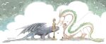  1boy 1girl bird boots brown_hair closed_eyes clouds crossover dragon eastern_dragon from_side haku_(sen_to_chihiro_no_kamikakushi) hiccup_horrendous_haddock_iii highres how_to_train_your_dragon long_sleeves looking_at_another ogino_chihiro petting ponytail sen_to_chihiro_no_kamikakushi signature smile souji000 standing susuwatari toothless traditional_media western_dragon white_background 
