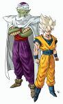  2boys alien baggy_pants blonde_hair cape character_request clenched_hands crossed_arms dragon_ball highres jumpsuit kakeru_(dbskakeru) looking_at_viewer multiple_boys orange_jumpsuit pants piccolo pointy_ears purple_pants simple_background sleeveless spiky_hair toriyama_akira_(style) white_background white_cape 