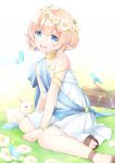  1girl animal arm_support blonde_hair blue_eyes blue_sash blush dress elf fantasy flower_wreath head_wreath highres looking_at_viewer mono_lith open_mouth pointy_ears sandals sash short_hair solo strapless strapless_dress teeth upper_teeth_only white_dress 