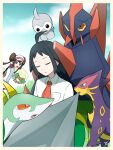  1boy 1girl ahoge black_hair blanket border breast_pocket castform castform_(normal) cheren_(pokemon) closed_eyes clouds collared_shirt commentary_request day gigalith kanade liepard necktie outdoors pocket pokemon pokemon_(creature) pokemon_(game) pokemon_bw2 raglan_sleeves rosa_(pokemon) serperior shirt short_hair signature sky sleeping visor_cap whimsicott white_headwear white_shirt 