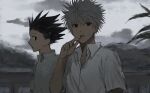  2boys black_hair candy food gon_freecss highres hunter_x_hunter killua_zoldyck lollipop looking_at_another looking_to_the_side male_child male_focus multiple_boys outdoors profile ra_yu shirt short_hair short_sleeves spiky_hair upper_body white_hair white_shirt 