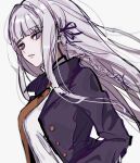  1girl braid brown_necktie danganronpa:_trigger_happy_havoc danganronpa_(series) from_side gloves hair_ribbon highres jacket kirigiri_kyoko long_hair long_sleeves looking_at_viewer necktie parted_lips pink_eyes purple_hair purple_ribbon raimu_(ai61107) ribbon shirt smile solo teeth upper_body violet_eyes 