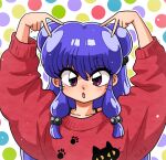  1girl blush cat_girl commentary double_bun hair_bun open_mouth polka_dot polka_dot_background purple_hair ranma_1/2 red_sweater shampoo_(ranma_1/2) solo sweater violet_eyes wanta_(futoshi) 