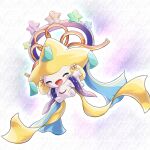  :d blush closed_eyes commentary_request full_body happy highres jirachi lucky777 no_humans open_mouth outstretched_arms pokemon pokemon_(creature) ribbon smile solo tongue 