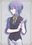  1boy 2023 aida_karasu bishounen black_vest blue_hair blue_shirt collared_shirt dated facing_to_the_side gloves happy_birthday highres kamishiro_rui light_blue_hair long_sleeves looking_ahead male_focus neck_ribbon pants project_sekai purple_hair ribbon shirt short_hair solo vest white_gloves white_pants yellow_eyes yellow_ribbon 