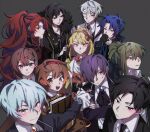  5boys 6+girls ahoge angela_(project_moon) ascot belt binah_(project_moon) black_ascot black_belt black_coat black_dress black_eyes black_hair black_jacket black_necktie blonde_hair blue_hair brooch brown_eyes brown_hair brown_jacket chesed_(project_moon) chromatic_aberration closed_mouth coat collared_shirt commentary commentary_request dress english_commentary film_grain folded_ponytail frown fur-trimmed_coat fur_trim gebura_(project_moon) green_eyes green_hair grey_background grey_hair hair_ornament hair_ribbon hairband hairclip highres hod_(project_moon) hokma_(project_moon) jacket jewelry library_of_ruina light_blue_hair long_hair long_sleeves malkuth_(project_moon) monocle multiple_belts multiple_boys multiple_girls neck_ribbon necktie netzach_(project_moon) open_clothes open_coat open_mouth orange_brooch orange_dress orange_hairband orange_ribbon ponytail project_moon purple_brooch purple_hair red_brooch red_hairband red_jacket redhead ribbon roland_(library_of_ruina) scar scar_across_eye shirt short_hair simple_background single_sidelock smile solo_a suit sweat teeth tiphereth_a_(project_moon) upper_teeth_only white_shirt yellow_brooch yellow_coat yesod_(project_moon) 
