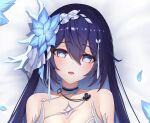  1girl bare_shoulders chest_tattoo choker detached_sleeves flower hair_between_eyes hair_flower hair_ornament honkai_(series) honkai_impact_3rd long_hair looking_at_viewer mixed-language_commentary petals seele_vollerei seele_vollerei_(herrscher_of_rebirth) simple_background solo tattoo white_background xfate 
