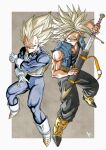  2boys belt black_pants blonde_hair blue_jumpsuit boots clenched_hand denim_vest dragon_ball gloves green_eyes highres holding holding_sword holding_weapon jumpsuit kakeru_(dbskakeru) looking_at_viewer multiple_boys muscular muscular_male open_clothes open_vest pants sheath simple_background sleeveless spiky_hair super_saiyan sword toriyama_akira_(style) trunks_(dragon_ball) trunks_(future)_(dragon_ball) unsheathing vegeta vest weapon white_gloves 