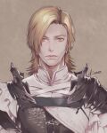  1boy armor blonde_hair brown_background dion_lesage final_fantasy final_fantasy_xvi kinokomochi14 short_hair shoulder_armor simple_background solo upper_body vest white_vest yellow_eyes 