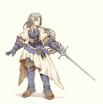  1girl absurdres blue_eyes blue_footwear blue_gloves blue_vest boots braid braided_ponytail dress final_fantasy final_fantasy_xvi foxmonaut77 gloves grey_hair hair_over_shoulder highres holding holding_sword holding_weapon jill_warrick long_hair looking_to_the_side low-tied_long_hair no_nose puffy_sleeves rapier side_braid simple_background single_braid skirt solo standing sword vest weapon white_background white_dress 