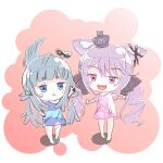  2girls :&lt; :3 absurdres alternate_costume and_uge animal_ears black_bow black_ribbon blue_eyes blue_shirt blunt_bangs blush bow cat_ears chibi commentary_request crown ear_ribbon flat_chest full_body grey_hair hair_bow head_wings highres ina_uruu joints long_hair looking_at_another low_twintails mini_crown multiple_girls nanashi_inc. open_mouth outstretched_arms pink_eyes pink_shirt purple_hair ribbon robot_joints sanshoku_dango_(miiroillust) shirt single_head_wing smile spread_arms thick_eyebrows twintails virtual_youtuber walking winding_key wings 