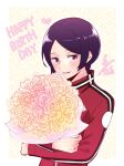  1girl blush bouquet cowboy_shot dated happy_birthday holding holding_bouquet jacket kitora_ai long_sleeves purple_hair red_jacket short_hair smile solo standing tenzoooon violet_eyes world_trigger yellow_background 