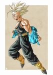  1boy belt black_jumpsuit blonde_hair blue_jacket boots dragon_ball green_eyes highres jacket jumpsuit kakeru_(dbskakeru) looking_at_viewer male_focus removing_jacket simple_background sleeveless solo spiky_hair super_saiyan toriyama_akira_(style) trunks_(dragon_ball) trunks_(future)_(dragon_ball) yellow_footwear 