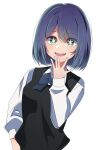 1girl aqua_eyes black_sweater_vest blue_bow blue_bowtie blue_hair bob_cut bow bowtie collared_shirt commentary_request hair_between_eyes hand_up highres kurokawa_akane long_sleeves looking_at_viewer medium_hair mikemaru_illust open_mouth oshi_no_ko partial_commentary puffy_sleeves school_uniform shadow shirt simple_background smile solo star-shaped_pupils star_(symbol) sweater_vest symbol-shaped_pupils teeth upper_body upper_teeth_only white_background white_shirt