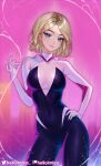  1girl artist_name black_bodysuit blonde_hair blue_eyes bodysuit breasts contrapposto covered_navel cowboy_shot gwen_stacy hand_on_own_hip hand_up helloimtea highres hood hooded_bodysuit large_breasts looking_at_viewer marvel multicolored_background parted_bangs shiny_clothes short_hair skin_tight smile solo spider-gwen spider-man_(series) spider_web_print superhero white_bodysuit 
