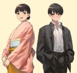  1boy 1girl :d black_hair black_jacket black_pants blush brown_background closed_mouth collared_shirt commentary_request dress_shirt gakuran grey_eyes hiwatari_rin jacket japanese_clothes kimono looking_at_viewer obi open_clothes open_jacket original pants pink_kimono sash school_uniform shirt simple_background smile white_shirt 