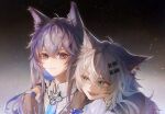  2girls :d animal_ear_fluff animal_ears arknights artist_name black_gloves black_vest blue_hair blue_necktie closed_mouth collared_shirt fangs gloves green_eyes grey_hair hair_between_eyes hair_ornament hairclip highres hug hug_from_behind lappland_(arknights) long_hair looking_at_another looking_at_viewer multiple_girls necktie open_mouth orange_eyes rtyz scar scar_across_eye shirt smile texas_(arknights) vest white_shirt wolf_ears wolf_girl 