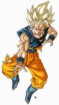  baggy_pants black_shirt blonde_hair dragon_ball full_body highres kakeru_(dbskakeru) muscular muscular_male open_mouth orange_pants pants shirt simple_background sleeveless son_goku spiky_hair super_saiyan teeth toriyama_akira_(style) torn_clothes white_background 