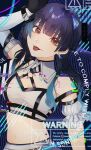  1girl absurdres bare_shoulders bishi_a_(b_a1210) black_hair blunt_bangs brown_eyes commentary detached_collar earrings elbow_gloves glitch gloves highres idolmaster idolmaster_shiny_colors jewelry long_hair looking_at_viewer mayuzumi_fuyuko midriff navel single_elbow_glove solo tongue tongue_out 