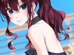  1girl :3 bare_shoulders blue_eyes blurry blurry_background brown_hair commentary dutch_angle earrings halterneck highres ichinose_shiki idolmaster idolmaster_cinderella_girls idolmaster_cinderella_girls_starlight_stage jewelry larmen_sennin long_hair looking_at_viewer ponytail solo swimsuit upper_body wet 