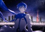  1boy blue_eyes blue_hair blue_scarf building commentary_request headset high_collar highres kaito_(vocaloid) long_sleeves looking_at_viewer male_focus outdoors parang_99 scarf short_hair solo teeth upper_body viewfinder vocaloid 