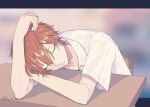  1boy blurry blurry_background closed_eyes commentary earrings highres jewelry male_focus multicolored_hair orange_eyes parted_lips project_sekai shinonome_akito shirt short_sleeves sleeping sohu solo streaked_hair table twitter_username two-tone_hair white_shirt yellow_eyes 