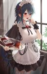  1girl absurdres alternate_costume apron bianca_(black_survival) black_survival blood blood_bag blood_on_clothes blood_on_face blue_hair breasts cowboy_shot cup drinking_glass enmaided fangs highres long_hair maid maid_apron maid_headdress medium_breasts open_mouth red_eyes solo takealook thigh-highs tray zettai_ryouiki 